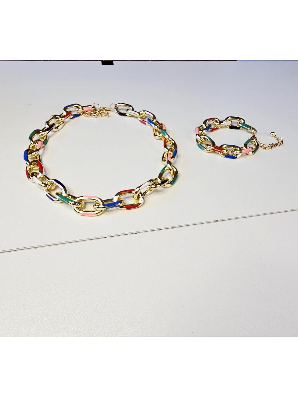 Gold-plated Multicolor Enamel Necklace And Bracelet Set Adjustable Lightweight - Picture 4 of 6